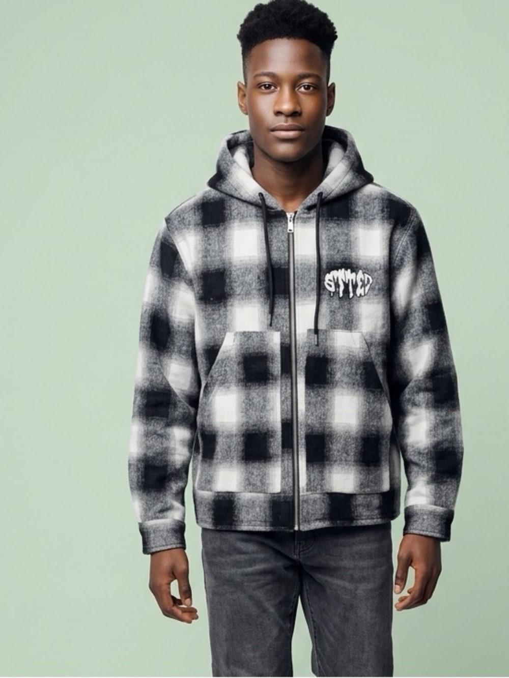 NWT GFTD LA Men’s Gray Black Checker Full Zip  Hoodie Embroidered Graphic Size S